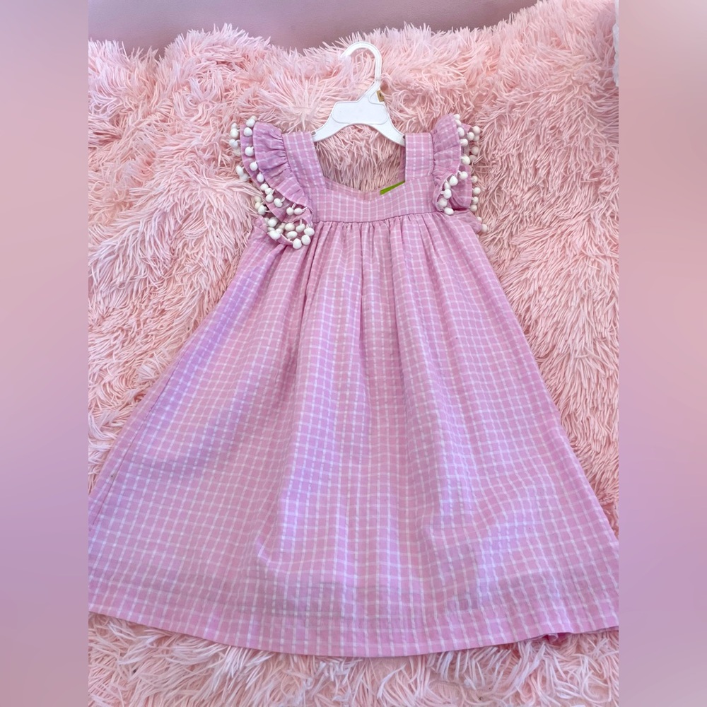 classic Whimsy pink white dress with Pom Pom trim sleeves; size 6